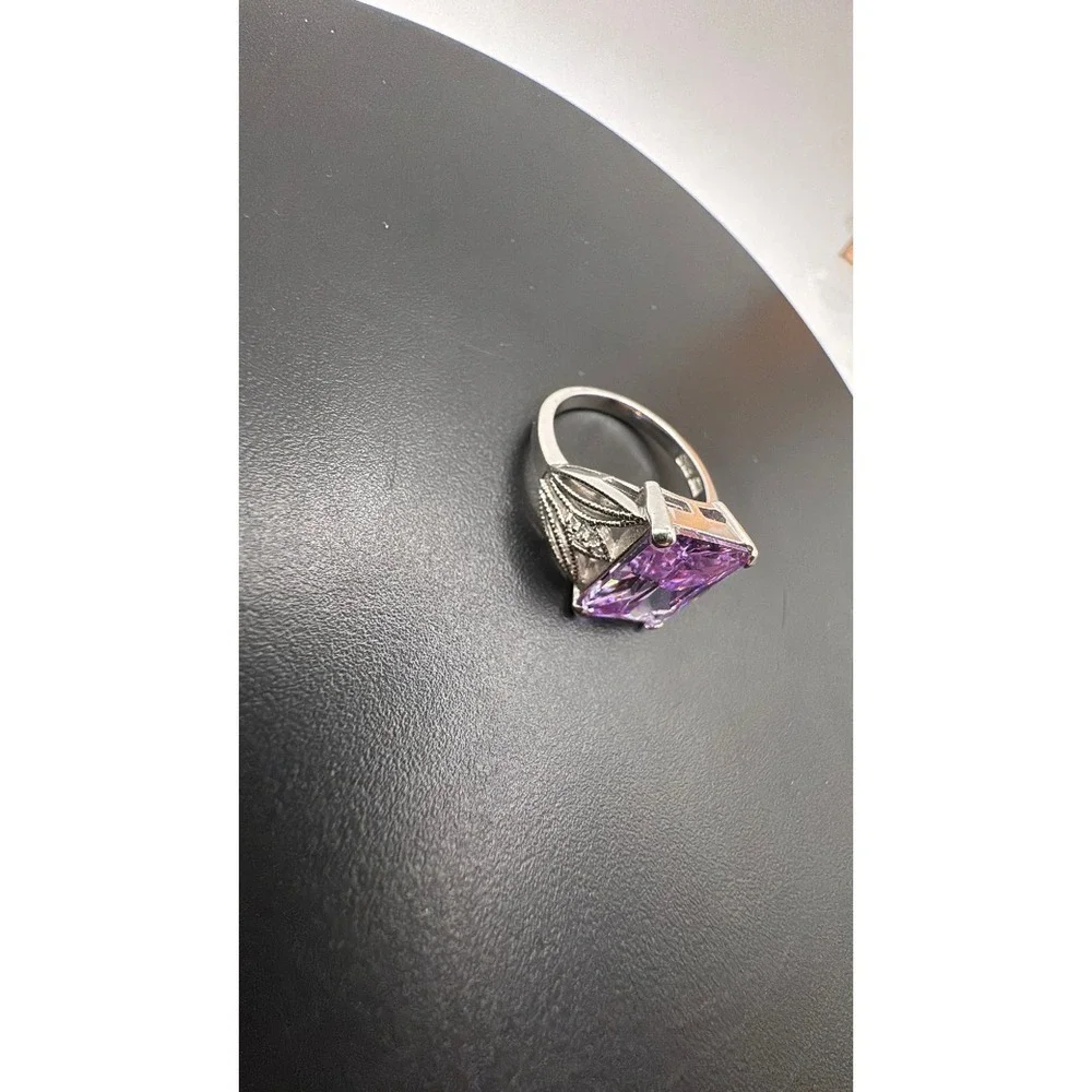 Purple Emerald Cut Cocktail‎ Ring Silver Tone Filigree Statement Band Size 9